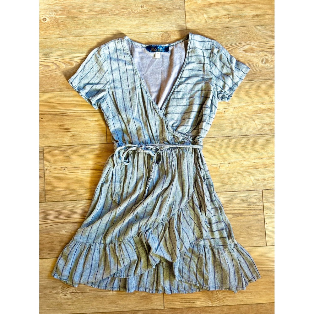 Blue Rain Francescas Blue Striped Wrap Mini Dress XS Short Sleeve Ruffle Hem
